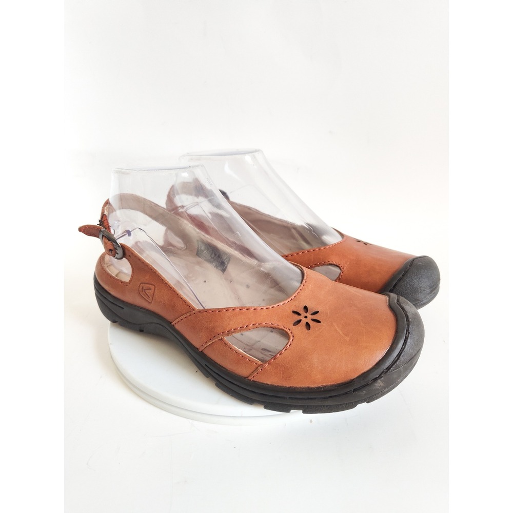 Keen Mary Janes 6.5 Slingback Flats Tan Leather Floral Cutout Comfort Shoes